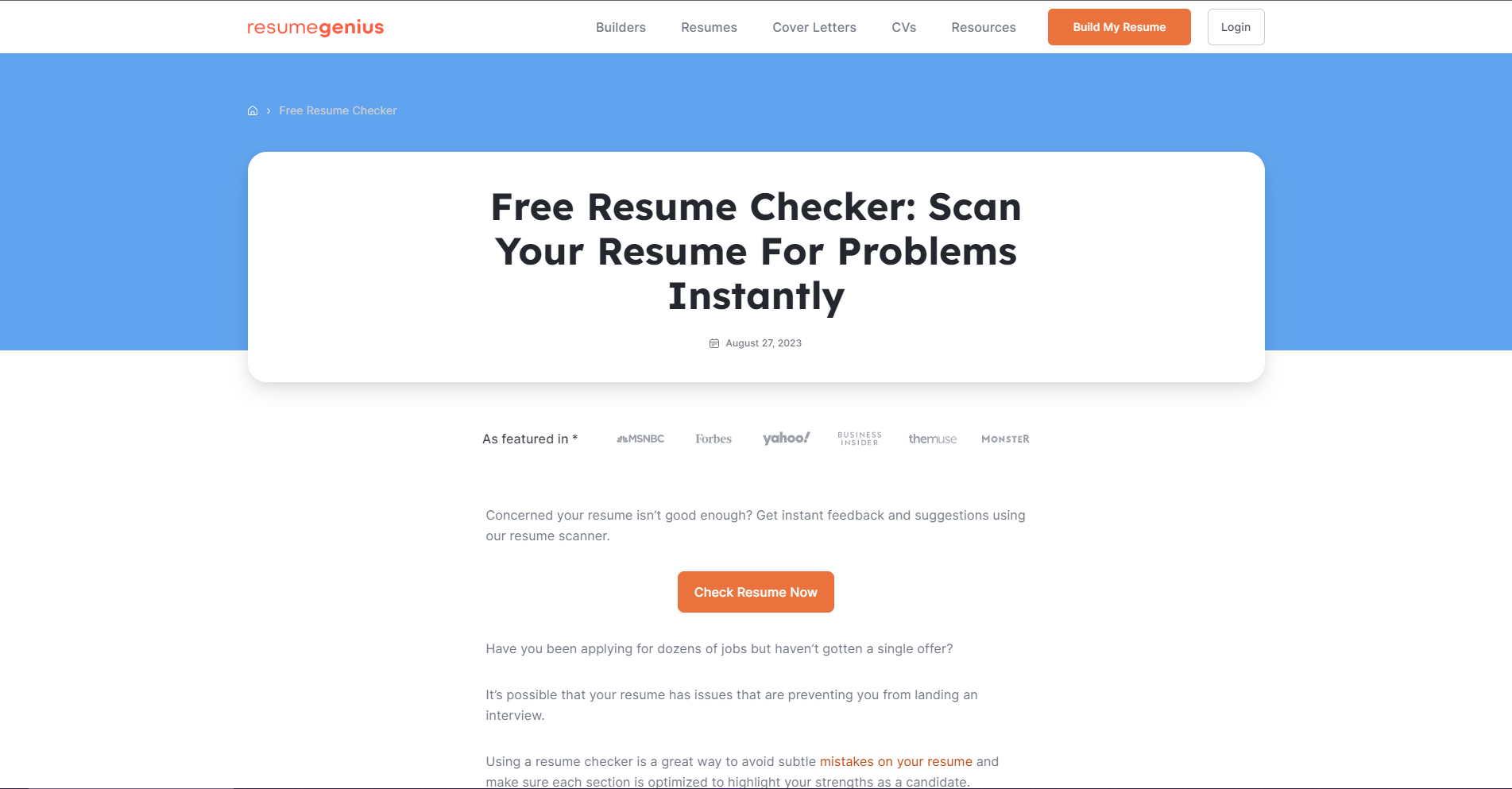 Free AI Resume Checker by ResumeGenius